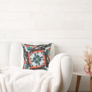 Spinning Tegel Design in Sinaasappel, zwart en Aqu Kussen
