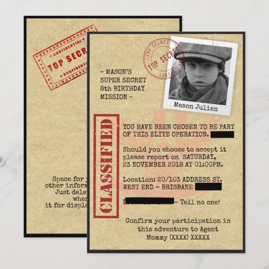 Spionnen verjaardagsfeestje kaart (Voorkant / Achterkant)