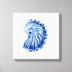 Spiraal Schelp, Indigo Blauw en Wit Canvas Afdruk