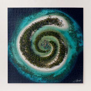 Spiraalvormig atol met drijvend dorp vanuit de sat legpuzzel