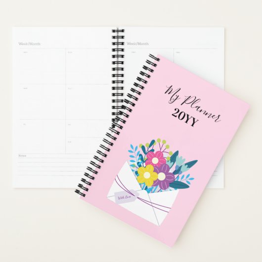 Spiral Planner avec Fleurs sur arrière - plan rose (Devant avec enveloppe)