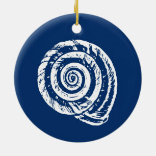 Spiral Seashell Block Print, Cobalt Blue en White Keramisch Ornament