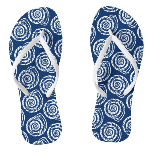 Spiral Seashell Block Print, Cobalt Blue en White Teenslippers (Voetbed)