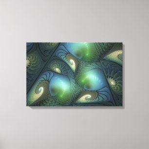 Spiralen Blauwgroen Beige Groene Abstracte Fractal Canvas Afdruk