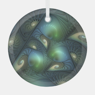 Spiralen Blauwgroen Beige Groene Abstracte Fractal Glas Ornament