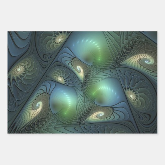 Spiralen Blauwgroen Beige Groene Abstracte Fractal Inpakpapier Vel (Voorkant 2)