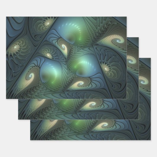 Spiralen Blauwgroen Beige Groene Abstracte Fractal Inpakpapier Vel (Set)
