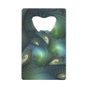 Spiralen Blauwgroen Beige Groene Abstracte Fractal Kredietkaart Flessenopener