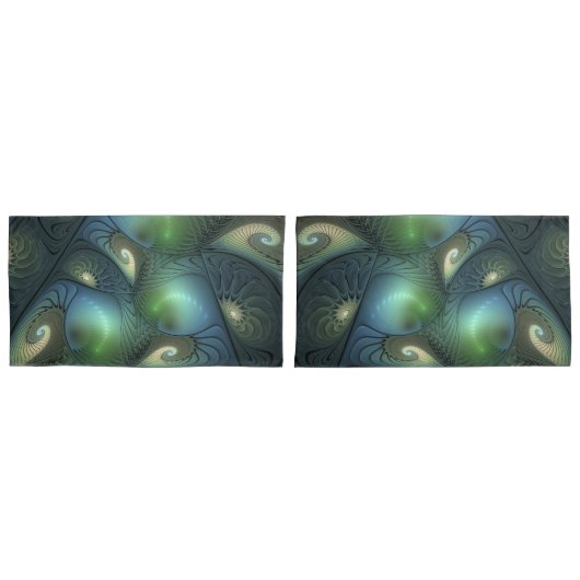 Spiralen Blauwgroen Beige Groene Abstracte Fractal Kussensloop (Voorkant-Set)