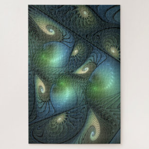 Spiralen Blauwgroen Beige Groene Abstracte Fractal Legpuzzel