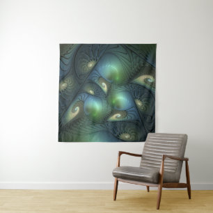 Spiralen Blauwgroen Beige Groene Abstracte Fractal Wandkleed