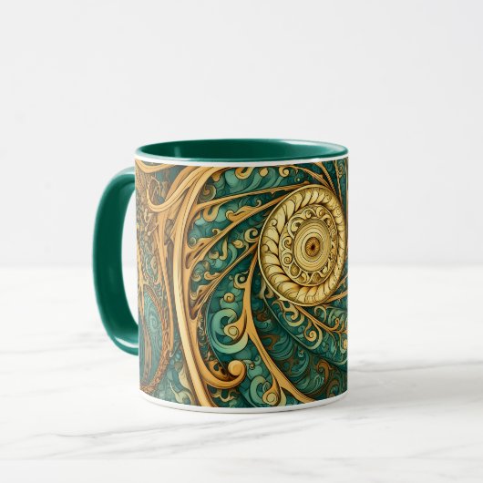 Spiralen in groen en goud mok (Voorkant links)