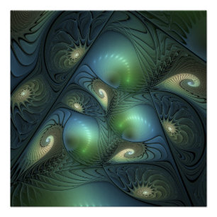 Spirals Beige Green Turquoise Abstracte Fractal Ar Perfect Poster