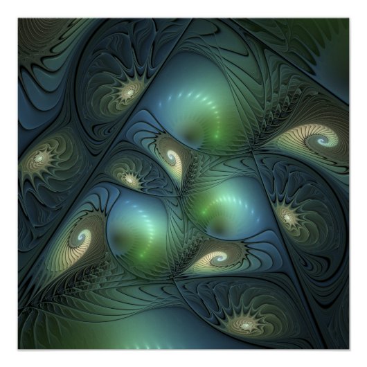 Spirals Beige Green Turquoise Abstracte Fractal Ar Perfect Poster (Voorkant)