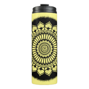 Spirals Stippen Flowers Black Yellow Henna Mandala Thermosbeker