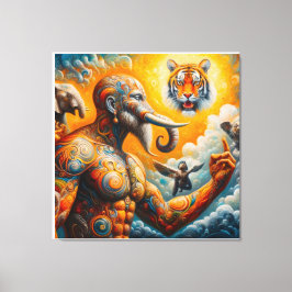 spiritueel man olifant tijger kleurrijk canvas afdruk