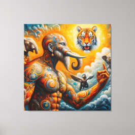 spiritueel man olifant tijger kleurrijk canvas afdruk