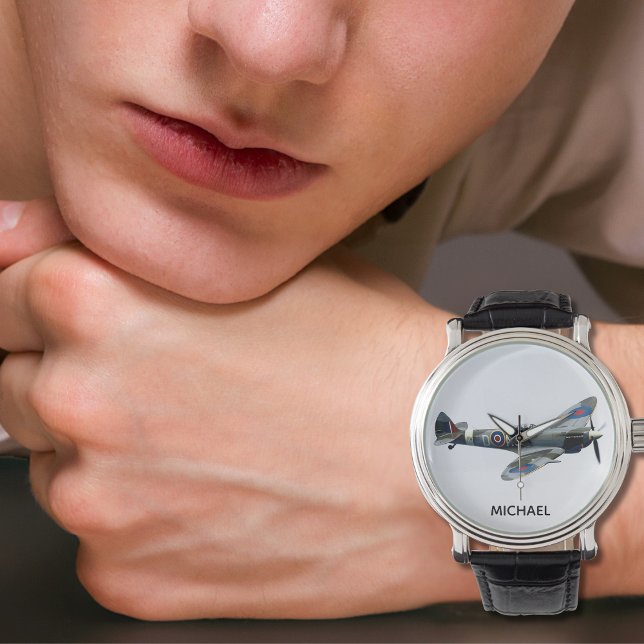 Spitfire Airplane Photo Cool Custom Pilot Name  Horloge (Creator heeft geüpload)