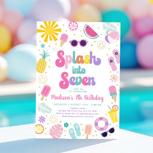 Splash in Seven Girl Pool Party Zomerverjaardag Kaart