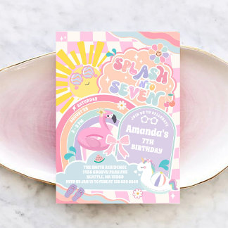 Splash Into Seven Pool Party Rainbow 7th Birthday Kaart