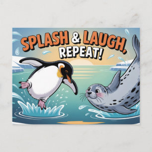 "Splash & Laugh" Whimsicalische Arctische Pinguïn Feestdagenkaart