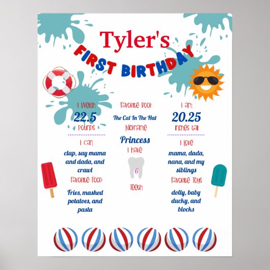 Splash Pool Party 1st Birthday Milestone Poster (Voorkant)