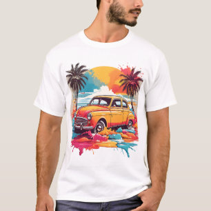 Splash van Retro: Levendige Vintage Auto Design T-shirt