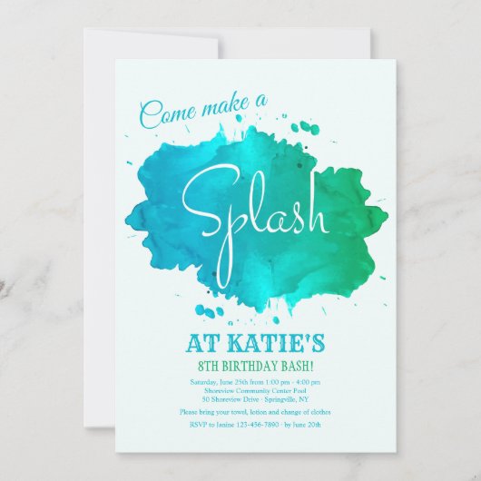 Splash Waterverf uitnodiging (Voorkant)