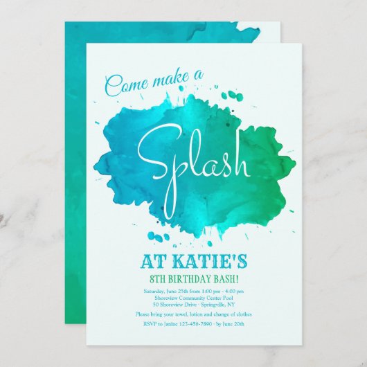 Splash Waterverf uitnodiging (Voorkant / Achterkant)