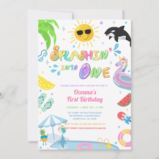Splashin' in een eerste verjaardagsfeestje kaart (Voorkant)