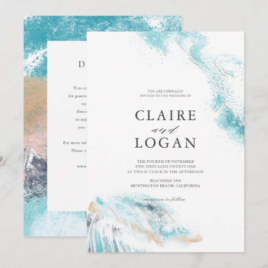 Splashing Blue Waves Details Coastal Wedding Kaart (Voorkant / Achterkant)