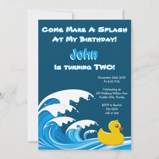 Splashing Duck Uitnodiging voor 2e verjaardagsfees (Voorkant)