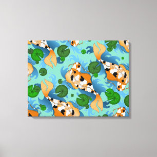 Splashing Koi Fish and Pond Lilies Canvas Afdruk
