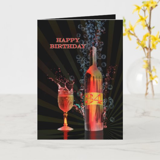 Splashing van wijn 34e verjaardagskaart kaart (Gele Bloem)