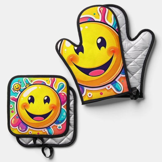 Splashy Happy Emoji Fun Ovenwant & Pannenlap Set (Voorkant / Achterkant)