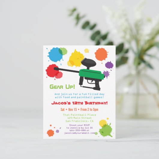 Splat Paintball Kinderverjaardagsfeest Uitnodiging (Staand voorkant)