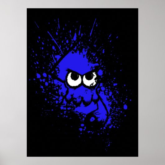 Splatoon Black Squid met blanco ogen op blauw plat Poster (Voorkant)