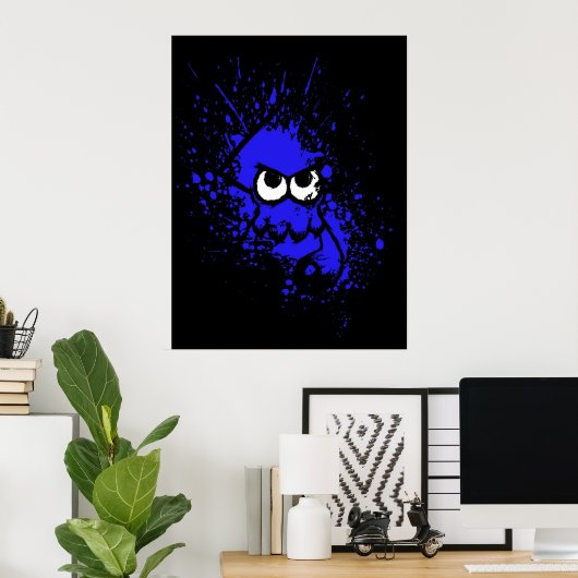 Splatoon Black Squid met blanco ogen op blauw plat Poster (Thuiskantoor)