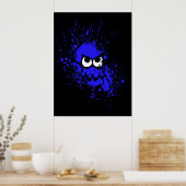 Splatoon Black Squid met blanco ogen op blauw plat Poster (Keuken)