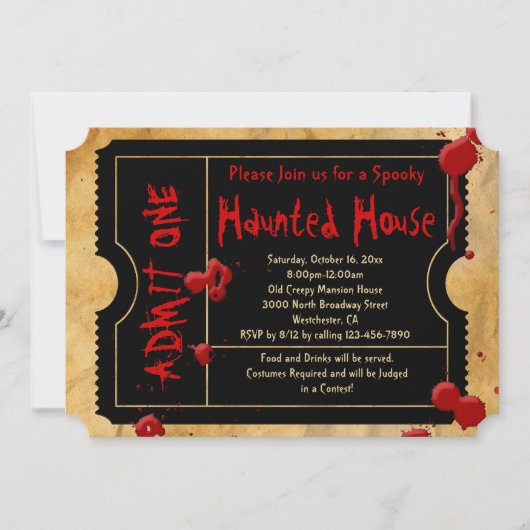 Splatter Haunted House Party Ticket Kaart (Voorkant)