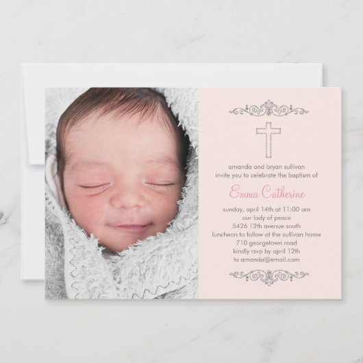 Splendid Cross Photo Baptism Invitation - Pink (Devant)