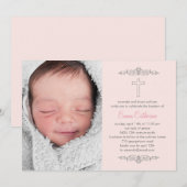 Splendid Cross Photo Baptism Invitation - Pink (Devant / Derrière)
