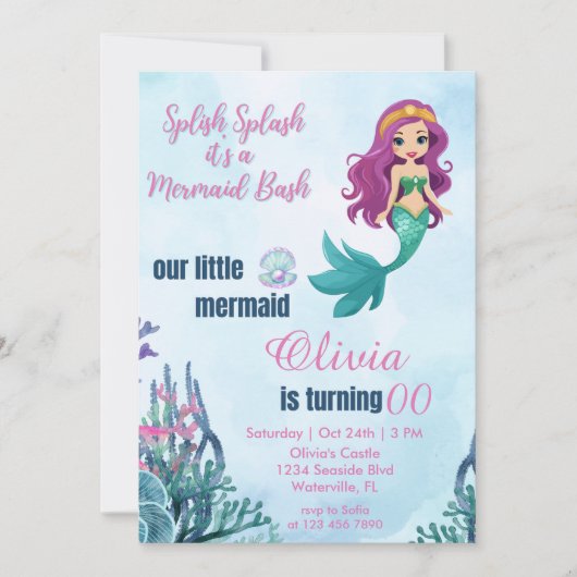 Splish Bash Zeemeermin Elke Leeftijd Verjaardag Kaart (Voorkant)