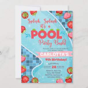 Splish splash aardbeien zwembad party uitnodiging. kaart