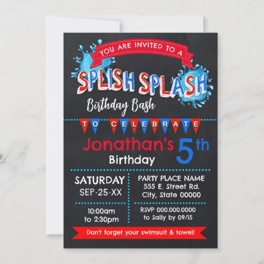 Splish Splash Birthday Bash Rood Wit Blauw Kaart (Voorkant)