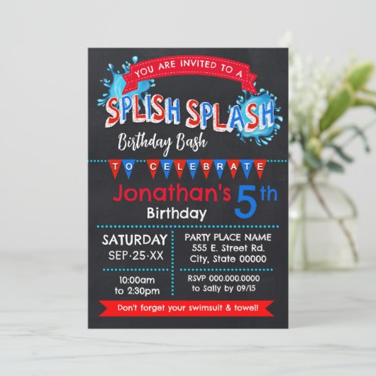 Splish Splash Birthday Bash Rood Wit Blauw Kaart (Staand voorkant)