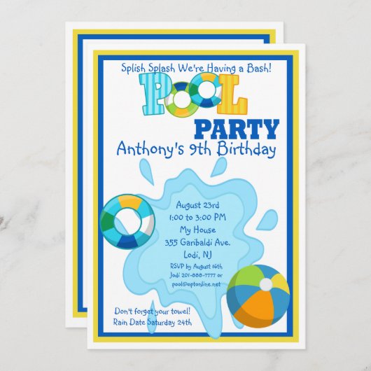 Splish Splash Boys Pool Invitation (Devant / Derrière)