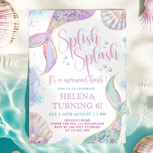 Splish Splash Mermaid 6e invitation anniversaire