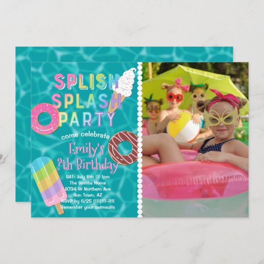 Splish Splash Party L Pool Verjaardag L Desserts Kaart (Voorkant / Achterkant)