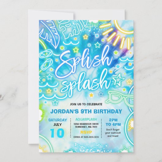 Splish Splash Pool Birthday Party Tie Dye Glow Kaart (Voorkant)